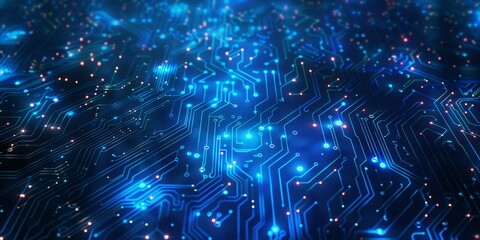 Poster - Abstract digital circuit board with glowing lights, illustrating connections and technology concepts.