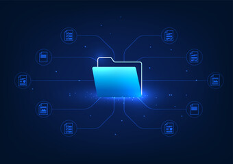 Poster - Digital data storage technology Document file icon linked to document sheet It represents digital document files stored on servers using high-speed internet that are secure and always available.