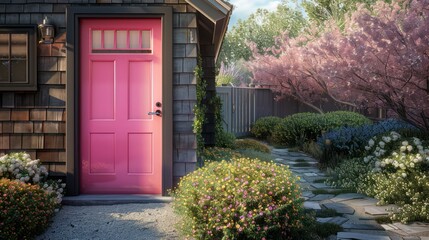 cozy suburban cottage with a bright pink door and traditional shingle siding, featuring a side yard with a secret garden gate and a pathway lined with flowering shrubs