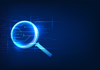 Poster - Technology, searching for information, magnifying glass looking at technology circuits Shows searching for information through a high-speed internet network, displaying cyber information.