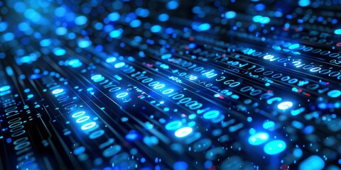Poster - A digital circuit board is illuminated with blue lights, showcasing futuristic technology in this closeup view