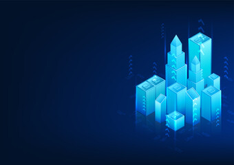 Fototapete - Smart city technology Isometric view with arrows around it. Shows a city that has been developed with modern technology. Attracting investors to become an economic leader city