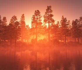 Sticker - Forest over the water, sunset over the forest over the lake, lake and park at sunset, 3D rendering