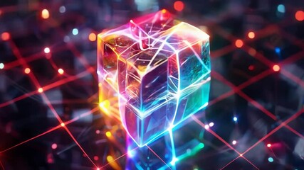 Poster - colorful illuminated cube with vibrant lights and reflections