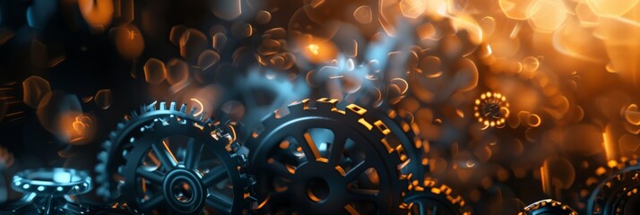 Aufkleber - Mechanical gears in motion with blue and orange bokeh lights. Industrial engineering and technology concept.