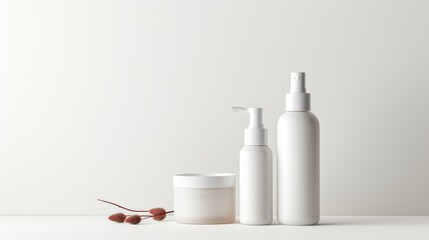 Minimalist Skincare Product Display with Lotion Bottle, Cream Jar, and Serum Dropper on White Background