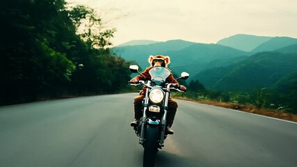 Wall Mural - Monkey Riding Motorcycle on Winding Mountain Road at Sunset