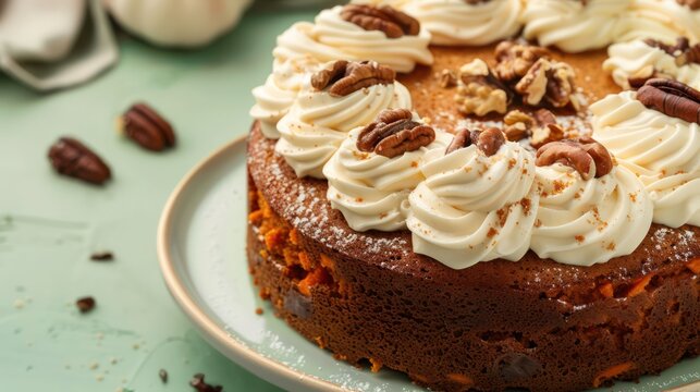 earthy carrot and walnut cake topped with cream cheese frosting, isolated on a soft sage green background