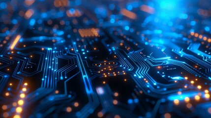 Poster - Glowing electronic circuit board with blue and orange lights creating a high-tech futuristic ambiance.