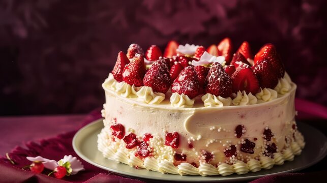 elegant champagne and strawberries cake, luxurious and festive, set against a deep burgundy backdrop