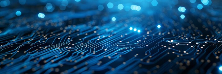Poster - Blue circuit board illuminated by lights symbolizes technology, connectivity, innovation in a digital world