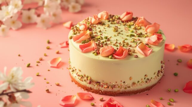 elegant rose petal and pistachio cake, set against a soft coral background, perfect for a sophisticated event
