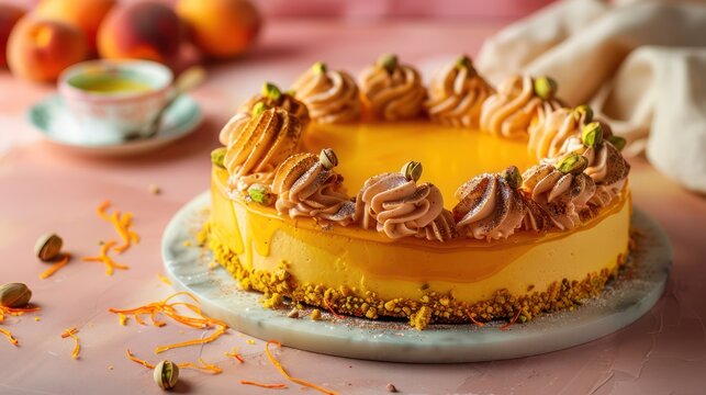 elegant saffron and pistachio cake, luxurious and flavorful, presented on a warm peach backdrop