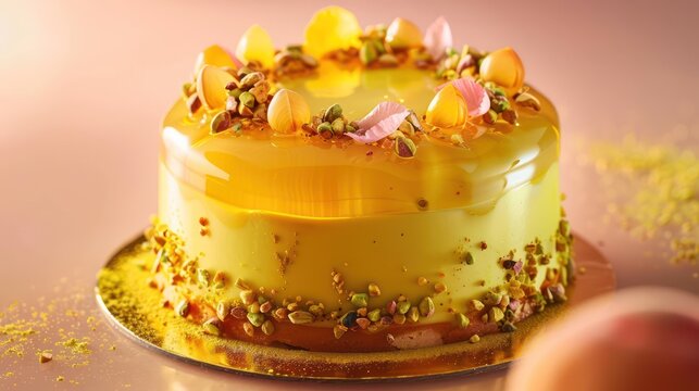 elegant saffron and pistachio cake, luxurious and flavorful, presented on a warm peach backdrop