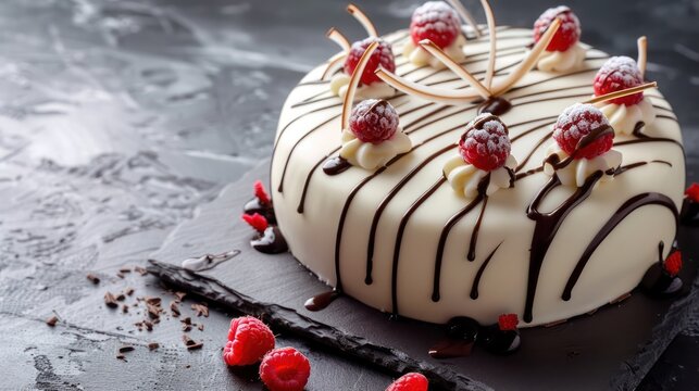 elegant white chocolate cake with raspberry accents on a charcoal gray background