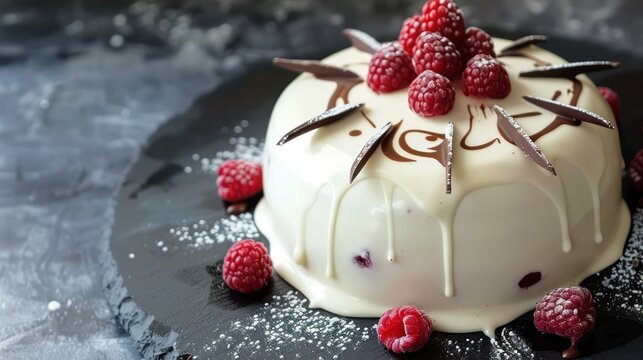 elegant white chocolate cake with raspberry accents on a charcoal gray background