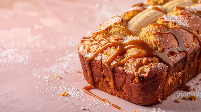 banana bread cake with caramel drizzle on a dusty rose background, with text space