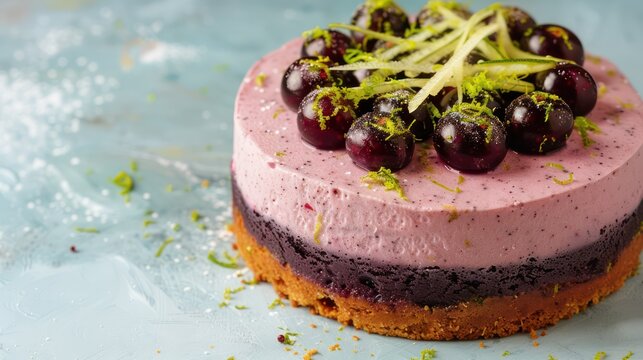 bold blackcurrant and lime cake with a zest topping, presented on a soft powder blue background