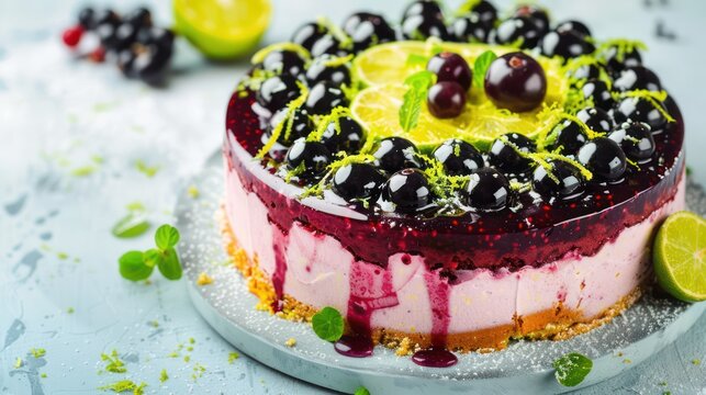 bold blackcurrant and lime cake with a zest topping, presented on a soft powder blue background