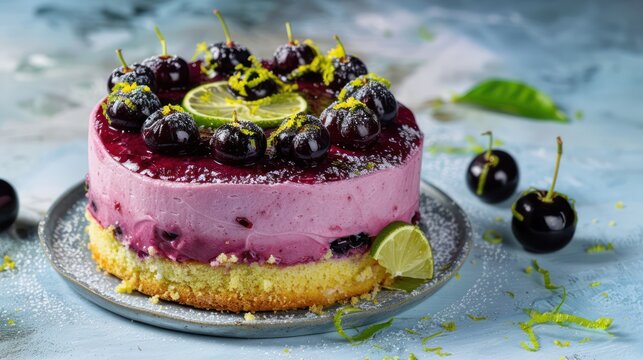 bold blackcurrant and lime cake with a zest topping, presented on a soft powder blue background