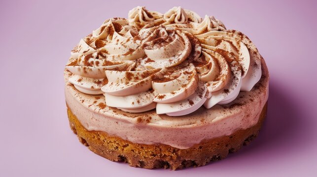 bold spiced chai cake with a creamy topping, presented on a soft violet background