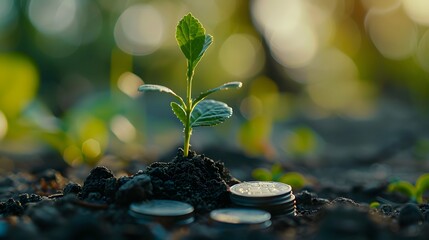 Plant Growing In Savings Coins - Investment And Interest Concept. 