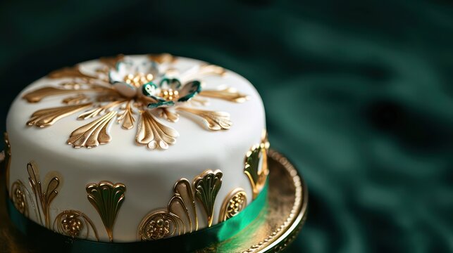chic art deco cake with golden accents on a deep emerald background, luxurious for elegant text