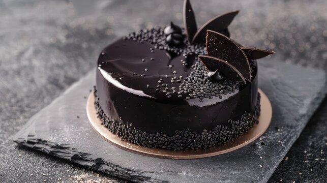 chic black sesame cake with charcoal accents on a sleek gray background, modern and perfect for sophisticated palates