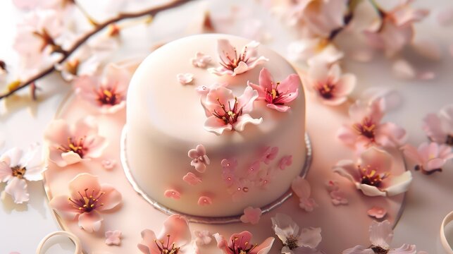 chic cherry blossom cake with pink blossoms on a light coral background, elegant for spring-themed text