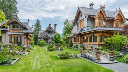 picturesque suburban cottage with ornate wooden details and a soft gray facade, featuring a beautifully manicured lawn and a series of small, decorative garden bridges