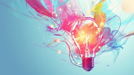 Poster - Light bulb with vibrant abstract background symbolizing ideas and creativity. Artistic representation of innovation and inspiration.