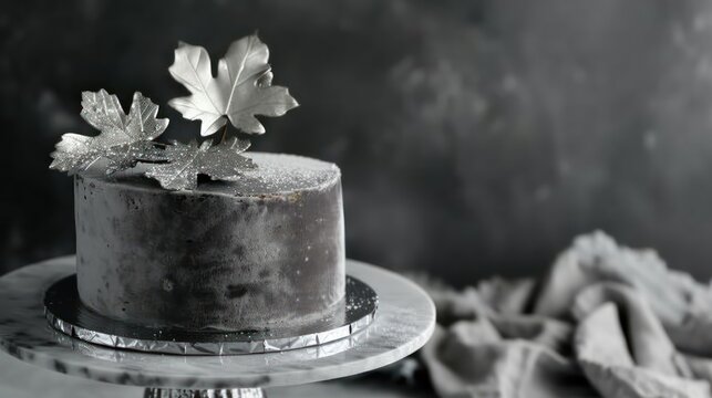 chic grey velvet cake with silver leaf accents on a cool grey background, luxurious for modern and sleek text