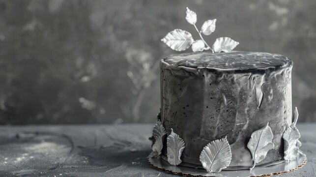 chic grey velvet cake with silver leaf accents on a cool grey background, luxurious for modern and sleek text
