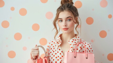 product photography of young woman presenter holding shopping bags with two hands, background is white with red stripe pattern, editorial style