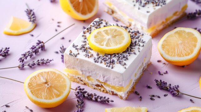 chic lavender and lemon cake with lemon slices on a light purple background, refreshing and perfect for elegant text