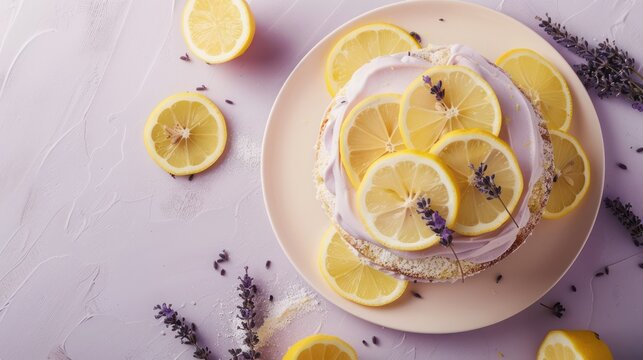 chic lavender and lemon cake with lemon slices on a light purple background, refreshing and perfect for elegant text