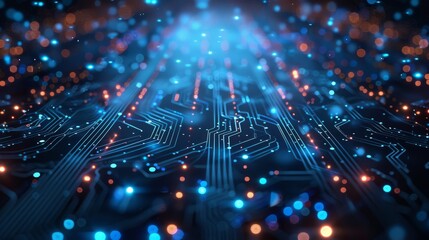 Poster - Closeup of an advanced circuit board emitting blue and orange lights, displaying hightech design and precision