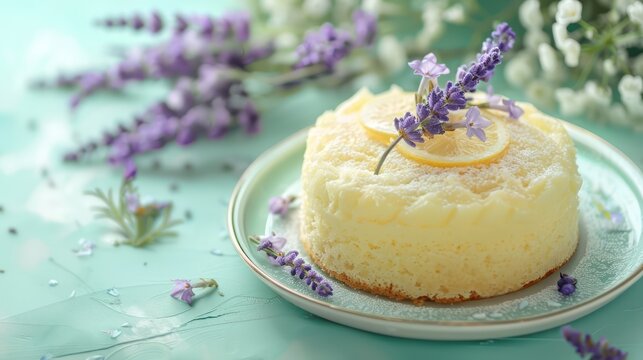 chic lemon chiffon cake with lavender flowers on a pastel periwinkle backdrop, delicate and perfect for soft text