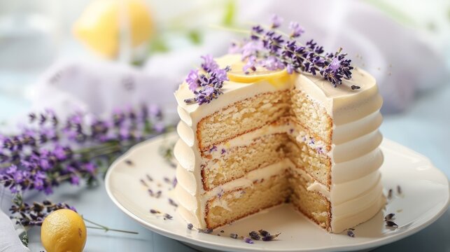 chic lemon chiffon cake with lavender flowers on a pastel periwinkle backdrop, delicate and perfect for soft text