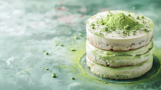 chic matcha and white chocolate cake with matcha powder on a soft jade background, elegant and perfect for sophisticated text