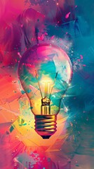 Poster - Light bulb with vibrant colors and paint splashes. Representing creativity and innovation.