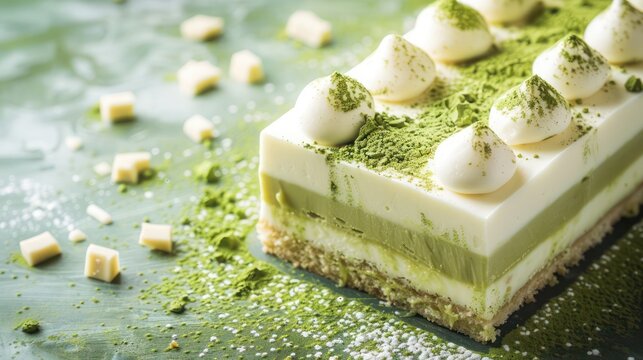 chic matcha and white chocolate cake with matcha powder on a soft jade background, elegant and perfect for sophisticated text