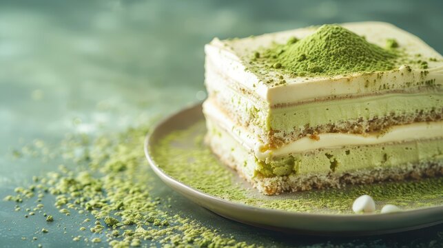 chic matcha and white chocolate cake with matcha powder on a soft jade background, elegant and perfect for sophisticated text