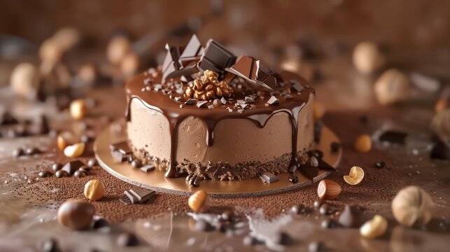chic mocha and hazelnut cake with chocolate shards on a coffee brown background, sophisticated and perfect for coffee lovers' text