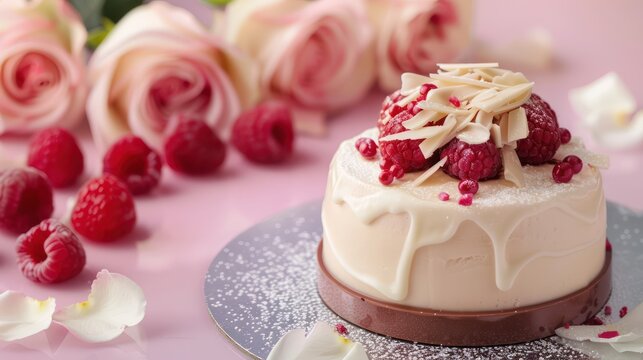 chic raspberry and white chocolate cake on a pastel rose background, delicate and perfect for elegant text