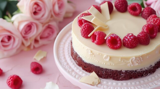chic raspberry and white chocolate cake on a pastel rose background, delicate and perfect for elegant text