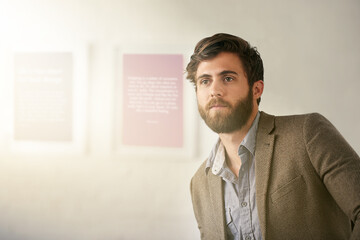 Poster - Business man, thinking and vision in office for solution to challenge, decision and commercial trend. Sales manager, planning and idea in workplace for company goals, strategy and corporate target