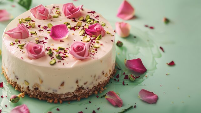 chic rosewater and pistachio cake with rose petals on a pale green background, refreshing and perfect for elegant text