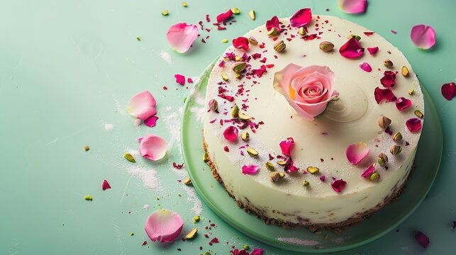 chic rosewater and pistachio cake with rose petals on a pale green background, refreshing and perfect for elegant text