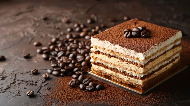 chic tiramisu layer cake with coffee soaked layers on a deep espresso background, sophisticated and perfect for coffee lovers' text